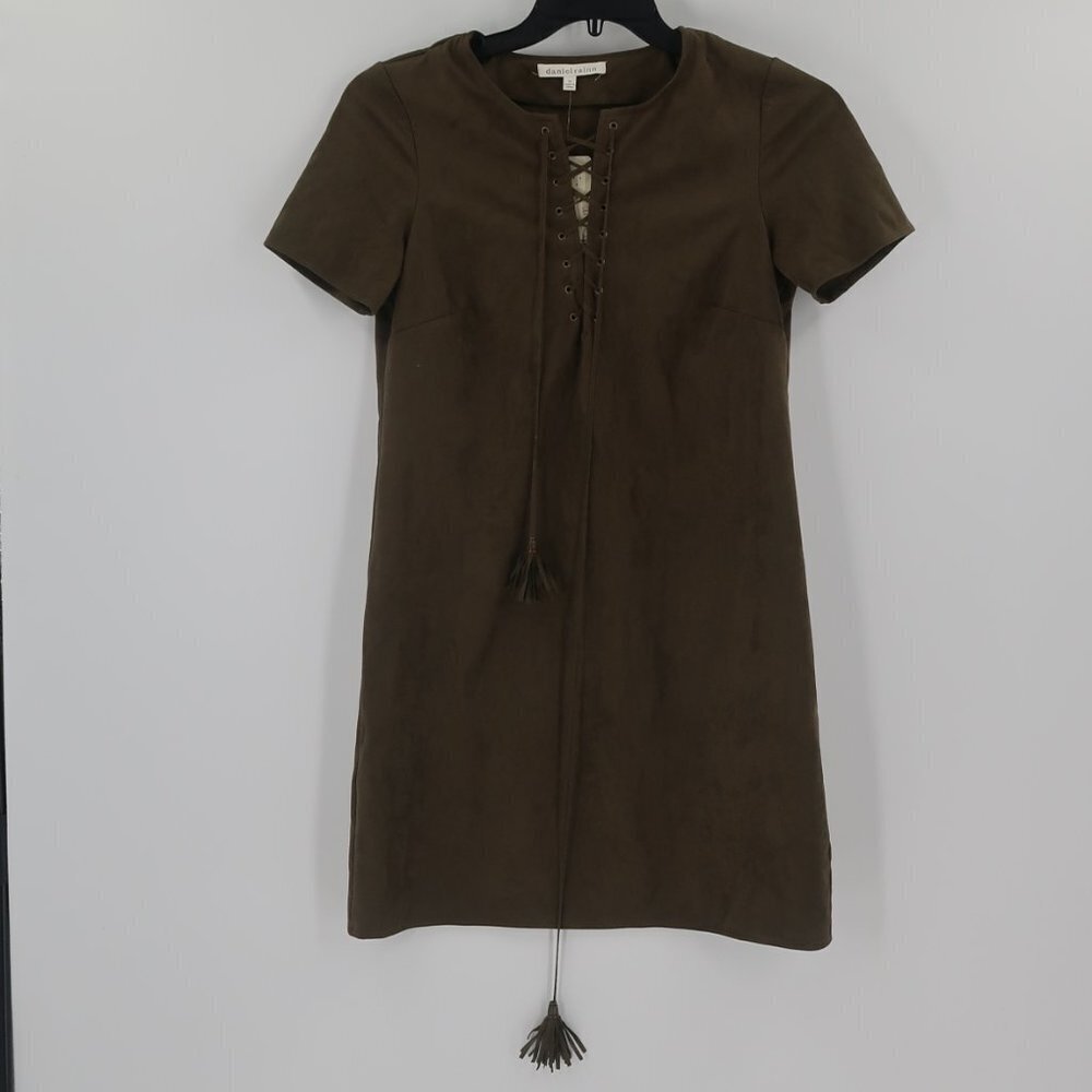 daniel rainn Women's Faux Suede Dark Olive Green Mini Dress Tassel Detail XS NWT